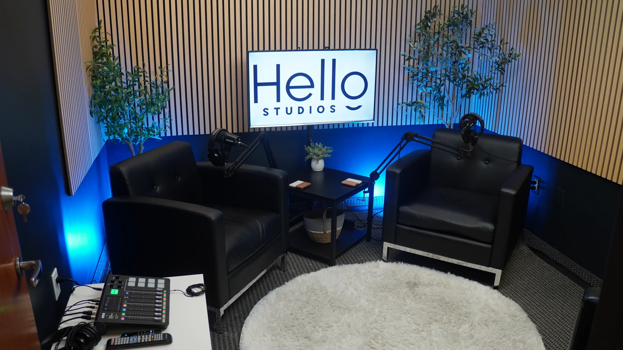 Hello Studios recording space with blue lighting